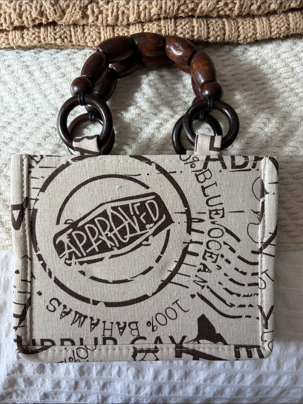 Canvas Small Bag with Wood Ring Handles - Cream & Brown